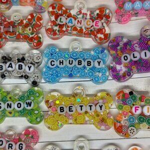 Custom Resin Dog ID Tags - Glitter Pet Tags | Personalized Bone Shape | Handmade